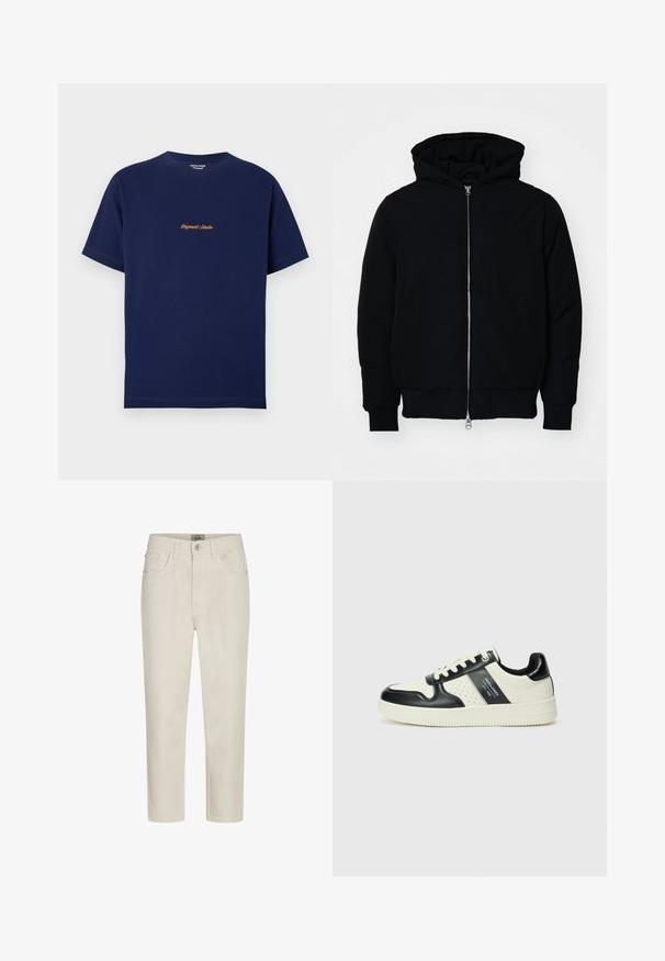 Sort hættejakke med frontlynlås, kængurulomme, ribbede manchetter og kant, præsenteret på en ensfarvet hvid baggrund.; Marineblå bomuld T-shirt med korte ærmer, rund halsudskæring og orange broderet tekst "Originals Studio" på frontens midte.; Beige lige jeans med frontknap, bæltestropper og fem-lomme design, præsenteret på en hvid baggrund.; Lædersneakers i sort og creme farveskema, med perforerede detaljer, en polstret krave og en struktureret ydersål.