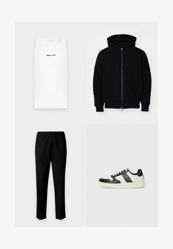 Fekete kapucnis dzseki elülső cipzárral, kenguruzsebbel, bordázott mandzsettákkal és aba, egy sima fehér háttér előtt.; Fehér, pamutból készült trikó, kerek nyakkivágással és testhezálló fazonnal. Az elején fekete, dőlt betűs logó található.; Fekete nadrág, rugalmas derékkal, egyenes szárú kialakítással. Az anyag sima, matt textúrával rendelkezik, nincsenek látható minták.; Fekete és krém színű bőrsneaker, perforált díszítésekkel, párnázott bokapánttal és texturált talppal.