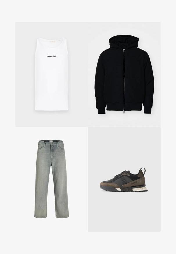 Mustaga kapuutsiga jakk, millel on esineed, kenguru tasku, soonikkoes, ja alläär, esitatud lihtsal valgel taustal.; Valge puuvillane tank top, millel on ümmargune kaelus ja vormitud lõige. Ees on must käekiri logo.; Heledad hallhallid, laia lõikega denimist teksased. Omavad klassikalist viie tasku disaini, vööloopse ja sirget säärelõiget.; Replay FIELD JUPITER CRAFT - Tossud - black/dark grey