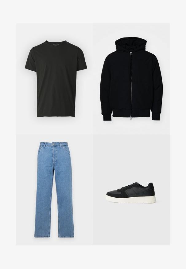 Črna kapuca jakna s sprednjim zadrgo, kenguru žepom, rebrastimi manšetami in hemom, razstavljena na enostavni beli ozadju.; Črna bombažna majica s kratkimi rokavi in okroglo ovratnikom. Gladka tekstura, minimalističen dizajn in oznaka na zadnji strani ovratnika.; Svijetloplave traperice ravnog kroja s klasičnim dizajnom s pet džepova, s prednjim kopčanjem na dugme i petljama za remen. Glatka tekstura.; Črne nizke teniske z teksturiranim usnjem in paneli iz semiša, bela gumijasta podloga in črne vezalke na enobarvni svetli podlagi.