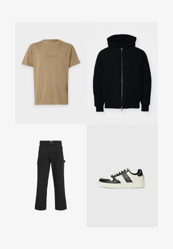 Jachetă neagră cu glugă, cu fermoar în față, buzunar tip kangaroo, mansete și tiv ribbed, prezentată pe un fundal alb simplu.; Tricou din bumbac de culoare maro, cu mâneci scurte, având un logo brodat "Hollister" de aceeași culoare pe față. Guler simplu, de tip crew.; Pantaloni cargo negri dintr-un amestec de bumbac. Au picioare largi, buzunare frontale înclinate și un buzunar lateral cu un laț pentru accesorii.; Tenisi din piele cu un scheme de culori negru și crem, dotati cu accente perforate, guler căptușit și o talpă texturată.