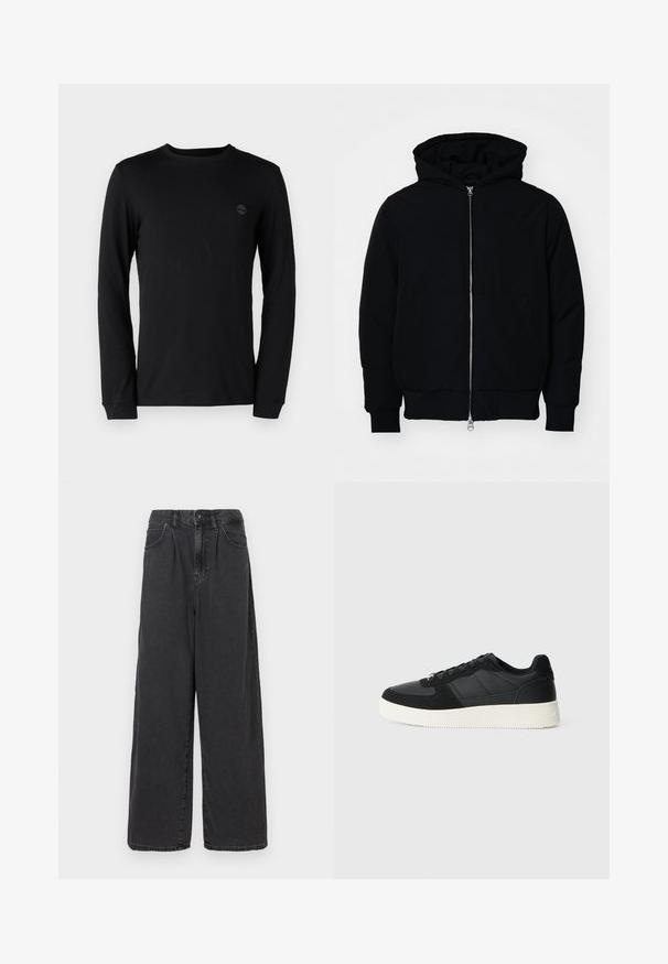 Svart hettejakke med frontglidelås, kengurulomme, ribbestrikket mansjetter og søm, vist på en ensfarget hvit bakgrunn.; Svart langermet t-skjorte laget av myk bomull, med rund hals og en subtil logo på brystet. Tilpasset med standard mansjetter.; Bredde ben, høy midje svarte dongeri bukser med knapp og glidelås foran, med sidelommer og en glatt tekstur.; Svart lavtopp sneakers med teksturert lær og semskede paneler, hvit gummisåle og svarte snørebånd på en enkel lys bakgrunn.