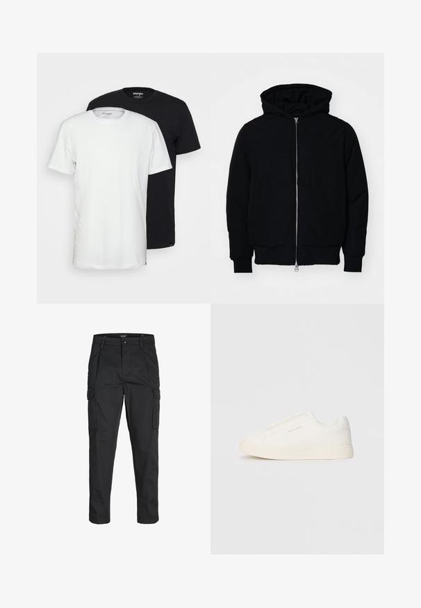 Svart hettejakke med frontglidelås, kengurulomme, ribbestrikket mansjetter og søm, vist på en ensfarget hvit bakgrunn.; Pakke med to t-skjorter: en hvit og en svart. Begge har rund hals og korte ermer, laget av mykt bomullsmateriale.; Sorte cargo bukser laget av slitesterkt stoff, med flere lommer, knappelukking og en slim fit-design med avsmalnede ben.; Hvite slip-on joggesko med teksturert overflate, tykk såle og minimalistisk design. Har merkevarelogo på siden.