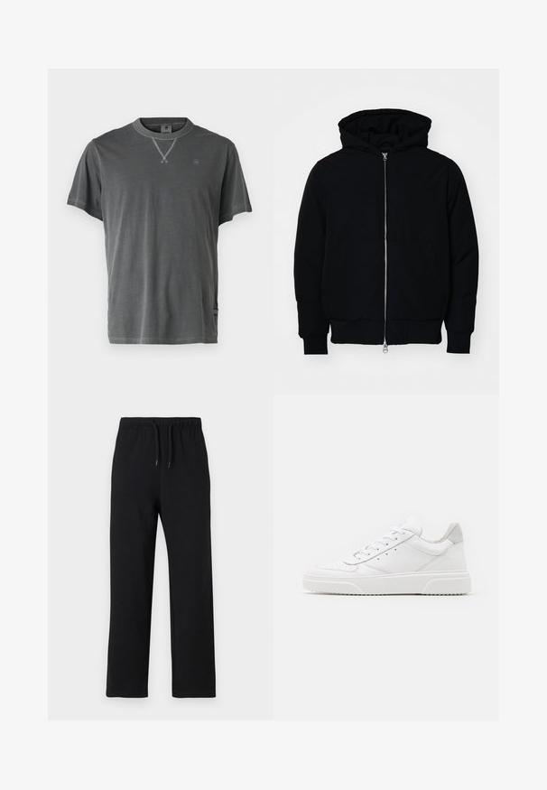 Fekete kapucnis dzseki elülső cipzárral, kenguruzsebbel, bordázott mandzsettákkal és aba, egy sima fehér háttér előtt.; Szürke pamut póló kerek nyakkal, rövid ujjal és textúrált nyakrésszel. Kis logó található a mellkason és oldalhem részlet.; Jack & Jones JPSTKANE JJCHARGE UNCUFFED - Tréningruha alsók - black; Fehér bőr sportcipő sima felülettel, kerek orral, lapos fűzőkkel és textúrált talppal. Szürke velúr díszítés a saroknál.