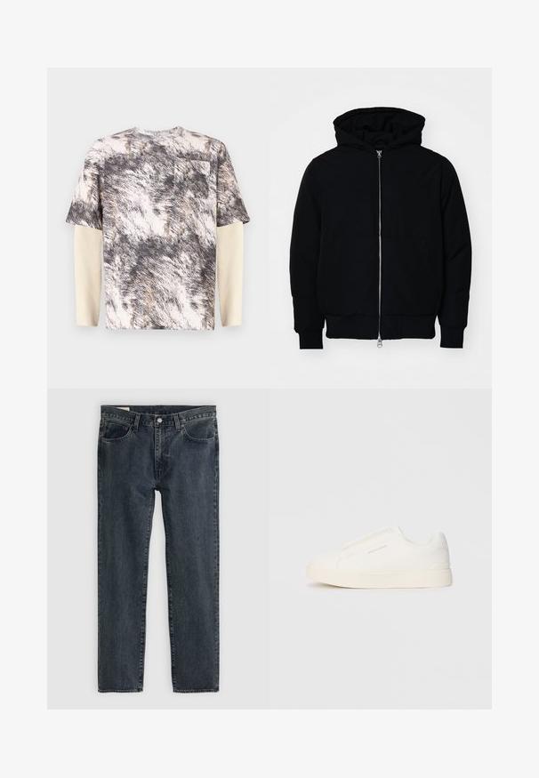 Black hooded jacket with front zipper, kangaroo pocket, ribbed cuffs, and hem, displayed on a plain white background.; Short-sleeve shirt with a textured gray and beige abstract pattern, featuring a chest pocket and layered long sleeves in a ribbed texture.; Dark blue denim jeans with a straight leg design, five pockets, and a button-fly closure. The fabric shows a subtle fade and texture.; White slip-on sneakers with a textured surface, a thick sole, and minimalistic design. Features brand logo on the side.