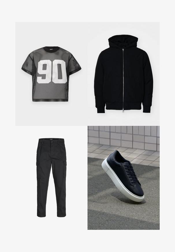 Black hooded jacket with front zipper, kangaroo pocket, ribbed cuffs, and hem, displayed on a plain white background.; Black mesh t-shirt with short sleeves and a round neck; features bold white text "90" on the front. See-through texture, relaxed fit.; Black cargo pants made of sturdy fabric, featuring multiple pockets, a button closure, and a slim fit design with tapered legs.; Black leather sneaker with rounded toe and white rubber sole. Features flat laces and minimal stitching on the upper. Textured sole for grip.