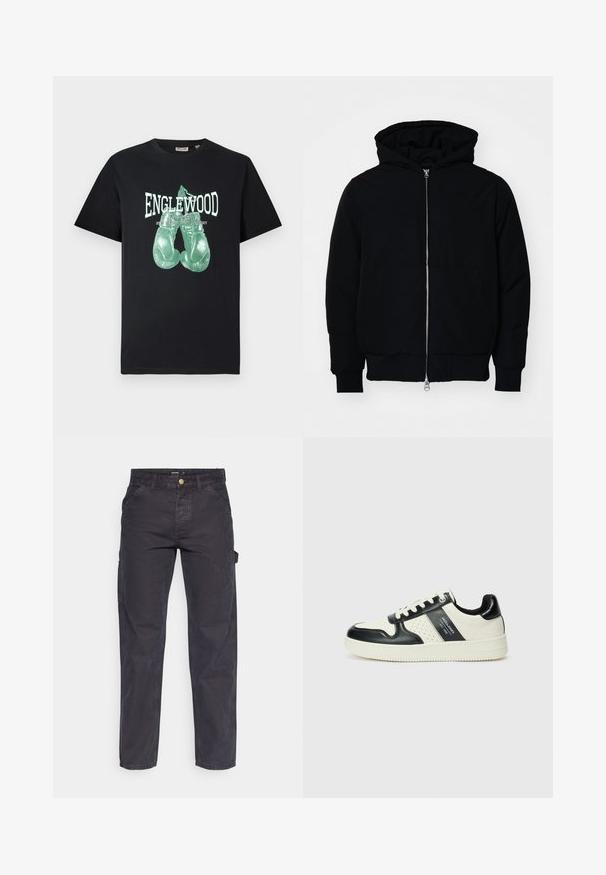 Čierna kapucňová bunda s predným zipsom, klokaními vreckami, rebrovanými manžetami a lemom, zobrazená na bielom pozadí.; Čierne tričko s krátkym rukávom a okrúhlym výstrihom, na prednej strane s grafikou zelených boxerských rukavíc a textom "ENGLEWOOD Boxing Gym New Jersey Fight Academy".; Tmavošedé cargo nohavice vyrobené z odolného materiálu, s rovnými nohavicami, piatimi vreckami a gombíkovým zapínaním v páse.; Kožené tenisky v čierno-krémovej farbe, s perforovanými akcentmi, polstrovaným golierom a štruktúrovanou podrážkou.