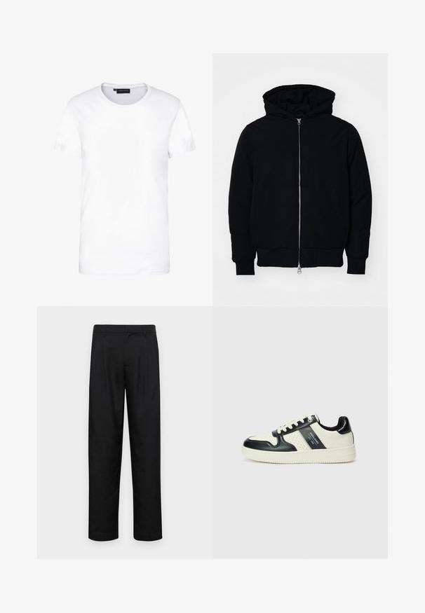 Svart hettejakke med frontglidelås, kengurulomme, ribbestrikket mansjetter og søm, vist på en ensfarget hvit bakgrunn.; Hvit bomulls t-skjorte, korte ermer, rund hals, ensfarget design, myk tekstur, rett snitt, standard passform, ingen synlige mønstre eller aksenter.; Sorte bukser laget av glatt stoff, med rette ben, to frontfoldninger og standard liv med beltehemper.; Lædersneakers med sort og creme farveskema, der har perforerede detaljer, en polstret krave og en struktureret ydersål.