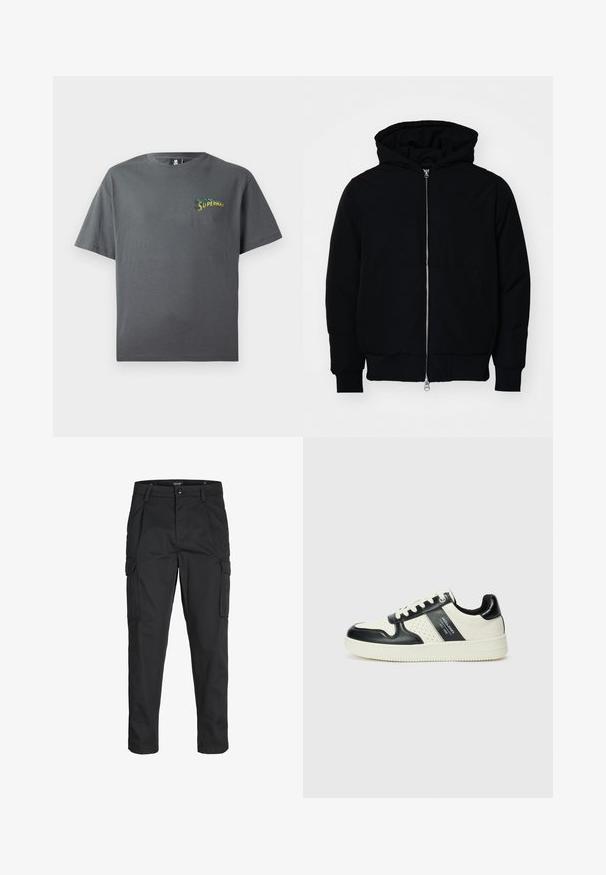 Black hooded jacket with front zipper, kangaroo pocket, ribbed cuffs, and hem, displayed on a plain white background.; Grey cotton T-shirt with a round neckline and short sleeves. Features a multicolored "Superman" graphic on the left chest area.; Black cargo pants made of sturdy fabric, featuring multiple pockets, a button closure, and a slim fit design with tapered legs.; Leather sneakers with a black and cream color scheme, featuring perforated accents, a padded collar, and a textured outsole.