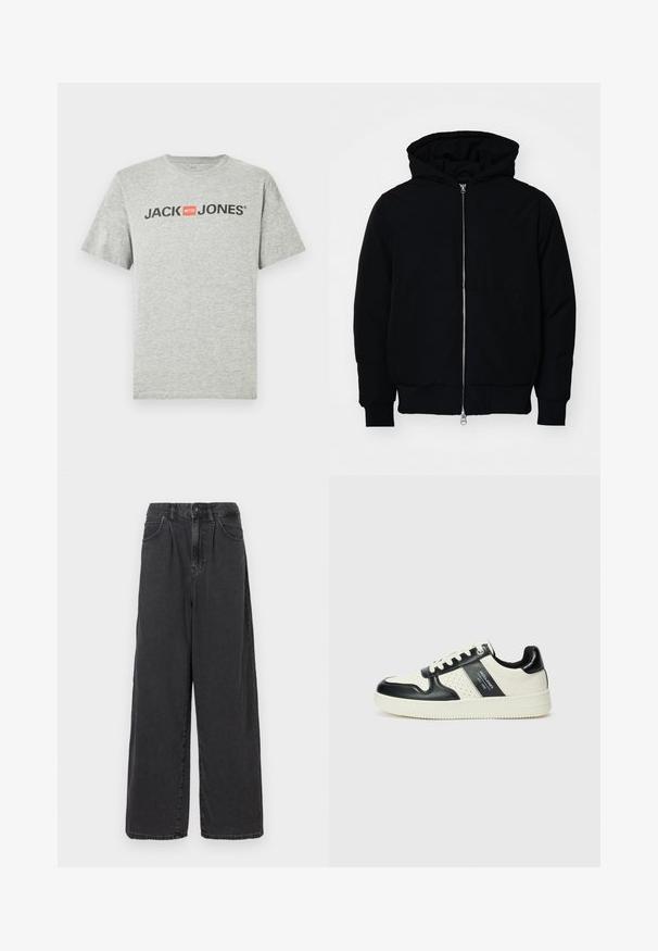 Fekete kapucnis dzseki elülső cipzárral, kenguruzsebbel, bordázott mandzsettákkal és aba, egy sima fehér háttér előtt.; Szürke pamut póló, rövid ujjakkal és kerek nyakkivágással. Elöl fekete "JACK & JONES" felirat látható piros négyzetes díszítéssel.; Széles szárú, magas derekú fekete farmernadrág, elülső gombbal és cipzárral, oldalsó zsebekkel és sima felülettel.; Fekete és krém színű bőrsneaker, perforált díszítésekkel, párnázott bokapánttal és texturált talppal.