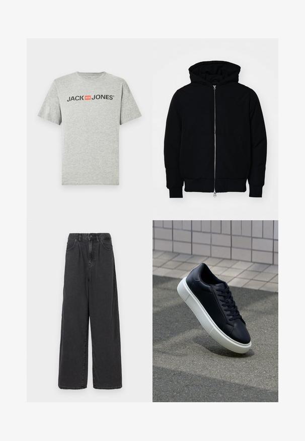 Black hooded jacket with front zipper, kangaroo pocket, ribbed cuffs, and hem, displayed on a plain white background.; Gray cotton t-shirt featuring short sleeves and a crew neckline. The front displays "JACK & JONES" in black text with a red square accent.; Wide-leg, high-waisted black denim pants with a front button and zipper closure, featuring side pockets and a smooth texture.; Black leather sneaker with rounded toe and white rubber sole. Features flat laces and minimal stitching on the upper. Textured sole for grip.