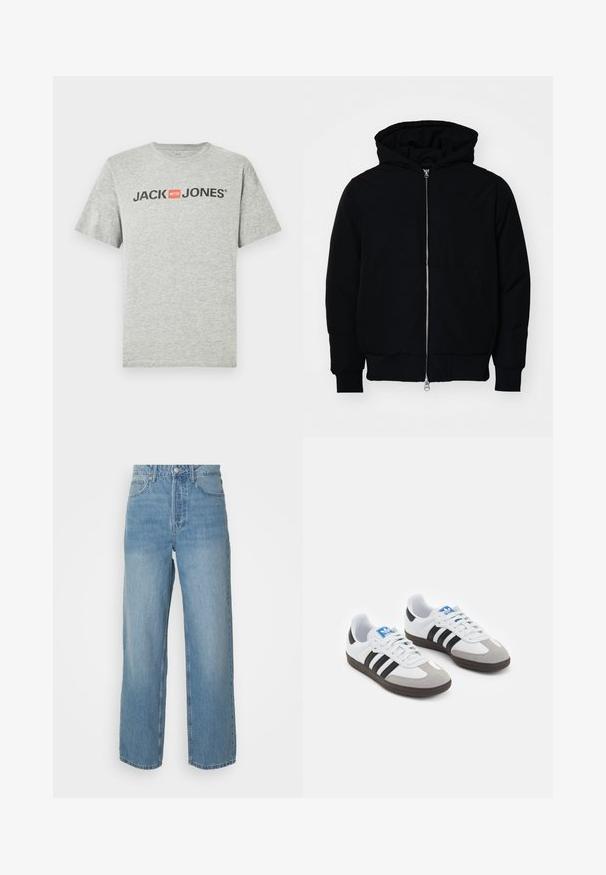 Chaqueta negra con capucha, cierre frontal, bolsillo tipo canguro, y puños y dobladillo acanalados, exhibida sobre un fondo blanco liso.; Camiseta de algodón gris con mangas cortas y cuello redondo. En el frente muestra "JACK & JONES" en texto negro con un acento de cuadrado rojo.; Jeans de denim azul claro de cintura alta con piernas rectas, cierre frontal con botón y estilo de cinco bolsillos sobre fondo liso.; Zapatillas deportivas con parte superior de piel blanca, puntera de ante gris y tres rayas negras. Presentan un logo azul en la lengüeta y una suela de goma texturizada.