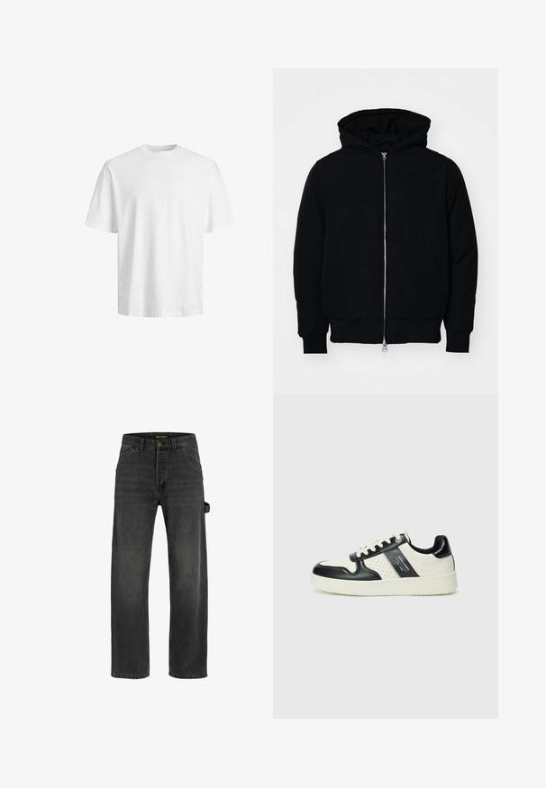 Giacca nera con cappuccio, dotata di zip frontale, tasca a marsupio, polsini e orlo a coste, esposta su uno sfondo bianco semplice.; T-shirt bianco in cotone con scollo rotondo e maniche corte, caratterizzato da una vestibilità rilassata e una texture liscia, senza motivi o grafiche visibili.; Jeans in denim grigio scuro con taglio dritto, cinque tasche, chiusura con bottone metallico e dettaglio con cintura laterale.; Sneakers in pelle con una combinazione di colori nero e crema, dotati di dettagli perforati, collare imbottito e suola testurizzata.