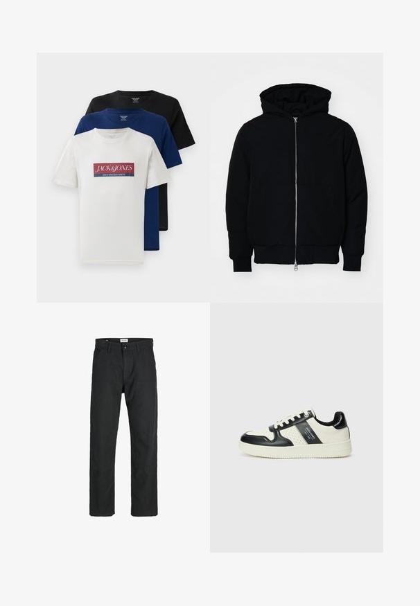 Jachetă neagră cu glugă, cu fermoar în față, buzunar tip kangaroo, mansete și tiv ribbed, prezentată pe un fundal alb simplu.; Trei tricouri cu mânecă scurtă de tip crew neck, stivuite, în alb cu logo roșu și albastru, albastru marin și negru, expuse pe un fundal alb.; Pantaloni negri dintr-un material durabil, cu un design cu picior drept, accente cusute și două buzunare frontale pentru funcționalitate.; Tenisi din piele cu un scheme de culori negru și crem, dotati cu accente perforate, guler căptușit și o talpă texturată.