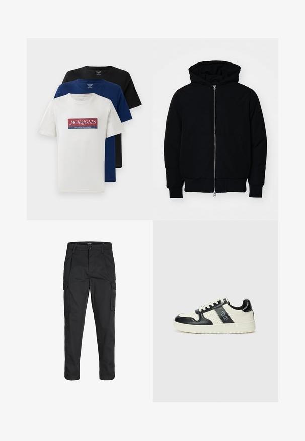 Zwarte hoodie met rits aan de voorkant, kangoeroe-pocket, geribbelde manchetten en zoom, weergegeven op een effen witte achtergrond.; Drie gestapelde korte mouwen crew neck t-shirts in het wit met rood en blauw logo, marineblauw en zwart, weergegeven op een witte achtergrond.; Zwarte cargobroek van stevig stof, met meerdere zakken, een knoopsluiting en een slim fit ontwerp met taps toelopende benen.; Leren sneakers met een zwart en crèmekleurig kleurenschema, voorzien van geperforeerde accenten, een gevoerde kraag en een gestructureerde buitenzool.