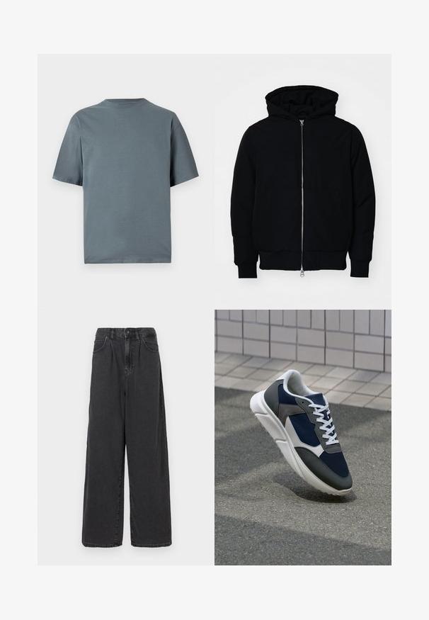 Mustaga kapuutsiga jakk, millel on esineed, kenguru tasku, soonikkoes, ja alläär, esitatud lihtsal valgel taustal.; Lühikeste varrukatega t-särk luitunud halli värvi, valmistatud siledast puuvillakangast, millel on ümmargune kaelus ja lõdvestunud istuvus.; Laiad, kõrgema vöökohaga mustad denimipüksid, millel on ees nupuga ja tõmblukuga sulgemine, külgpocketid ja sile tekstuur.; Sneaker, mille sinine võrkkangas, hallid nubukdetailid, valge kummitald ja lamedad valged paelad, disainitud mugavuseks ja hingavuseks.