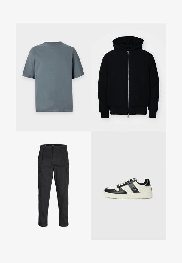 Chaqueta negra con capucha, cierre frontal, bolsillo tipo canguro, y puños y dobladillo acanalados, exhibida sobre un fondo blanco liso.; Camiseta de manga corta en color gris pizarra, confeccionada en tela de algodón suave, con cuello redondo y un corte holgado.; Pantalones cargo negros hechos de tela resistente, que cuentan con múltiples bolsillos, un cierre de botón y un diseño de corte slim con piernas ajustadas.; Zapatillas de cuero con un esquema de colores negro y crema, que cuentan con acentos perforados, un collar acolchado y una suela texturizada.