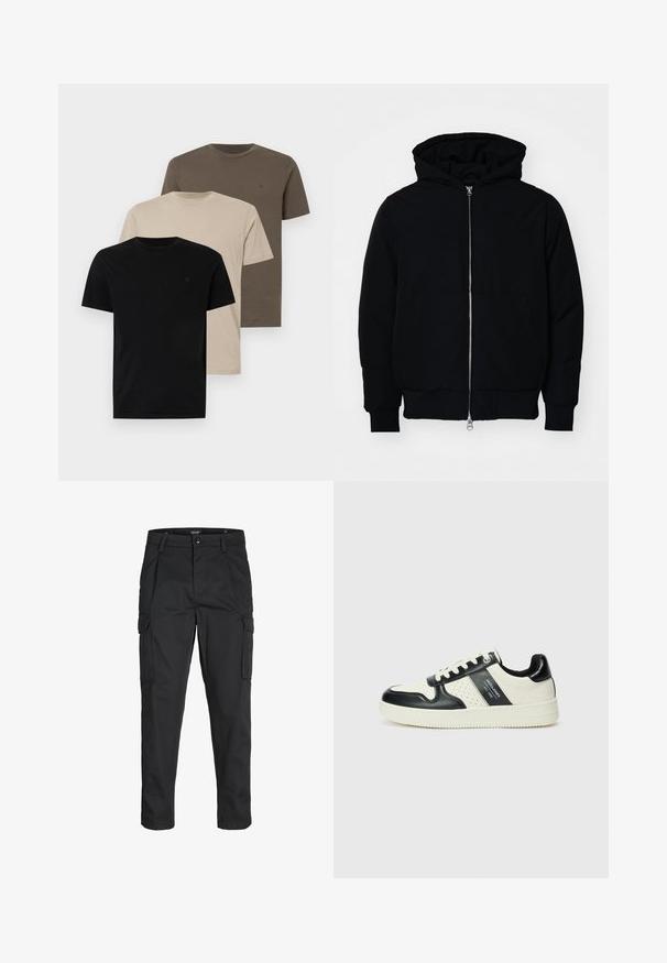 Černá kapucňová bunda s předním zipem, klokaní kapsou, vroubkovanými manžetami a spodním lemem, vystavená na čistém bílém pozadí.; Tři trička s krátkým rukávem: černé, béžové a hnědé. Vyrobena z bavlny, mají kulatý výstřih a jemné logo na hrudi. Hladká textura.; Černé cargo kalhoty vyrobené z odolné tkaniny, s mnoha kapsami, knoflíkovým zapínáním a slim fit střihem se zúženými nohavicemi.; Kožené tenisky s černobílou barevnou kombinací, které mají perforované detaily, polstrovaný límec a texturovanou podrážku.