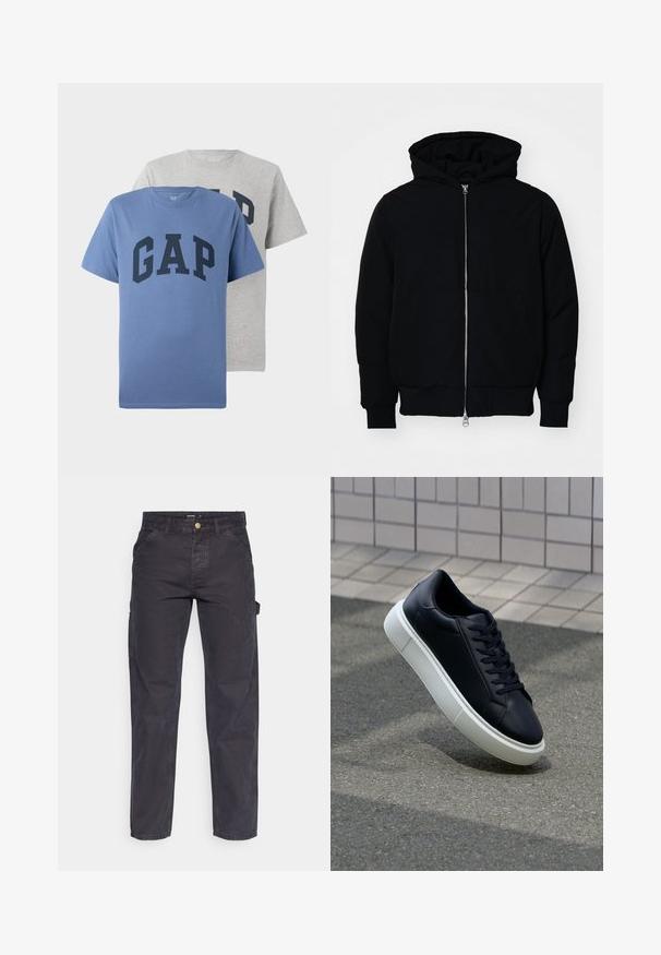 Zwarte hoodie met rits aan de voorkant, kangoeroe-pocket, geribbelde manchetten en zoom, weergegeven op een effen witte achtergrond.; Twee korting mouwen crew neck T-shirts, één blauw en één grijs, beide met grote marineblauwe "GAP" tekst over de borst.; Donkergrijze cargobroek van duurzaam materiaal, met een rechte pijp, vijf zakken en een knoopsluiting in de taille.; Zwarte leren sneaker met een ronde neus en een witte rubberen zool. Voorzien van platte veters en minimale stiksels op het bovenwerk. Textuurrijke zool voor grip.