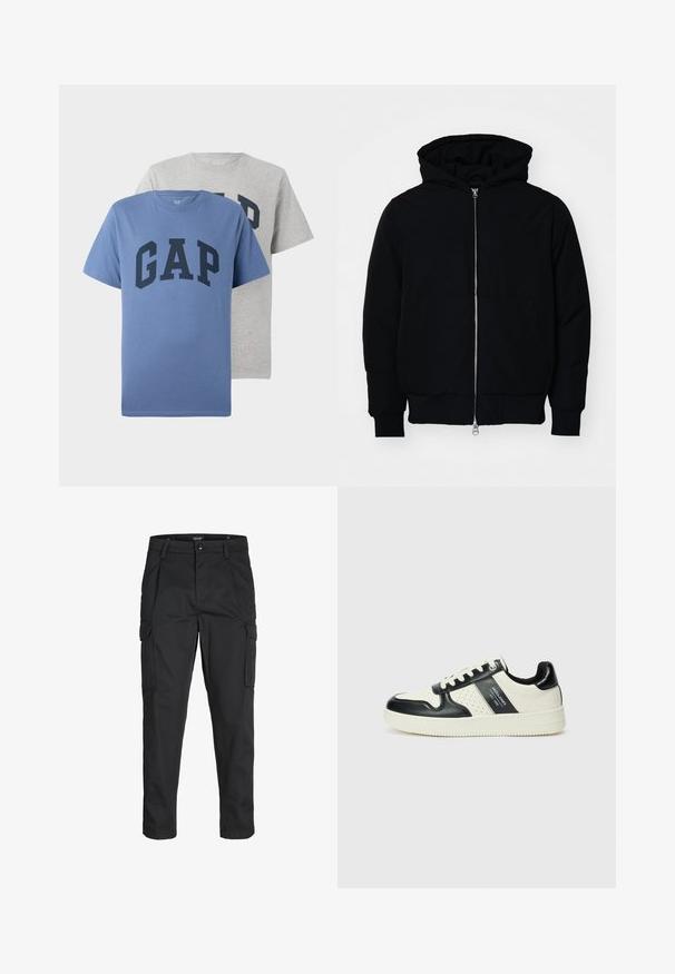 Črna kapuca jakna s sprednjim zadrgo, kenguru žepom, rebrastimi manšetami in hemom, razstavljena na enostavni beli ozadju.; Dve kratke majice s kratkimi rokavi, ena modra in ena siva, obe z velikim mornarsko modrim napisom "GAP" čez prsi.; Črne cargo hlače iz trdnega blaga, ki imajo več žepov, gumbasto zapiranje in ozek kroj z zožanimi nogami.; Usnjeni športni čevlji z črno in krem barvno shemo, ki vključujejo perforirane dodatke, podložen ovratnik in strukturirano podplat.