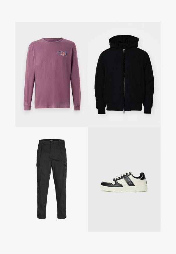 Schwarze Kapuzenjacke mit Frontreißverschluss, Kängurutasche, gerippten Bündchen und Saum, auf einem schlichten weißen Hintergrund präsentiert.; Langärmliges T-Shirt mit Rundhalsausschnitt aus verblasstem lila Baumwollstoff, mit einem bunten "Star Wars"-Logo auf der linken Brust.; Schwarze Cargo-Hose aus robustem Material, mit mehreren Taschen, einem Knopfverschluss und einem Slim-Fit-Design mit schmal zulaufenden Beinen.; Leder-Sneaker in Schwarz- und Cremetönen, mit perforierten Akzenten, einem gepolsterten Kragen und einer strukturierten Laufsohle.