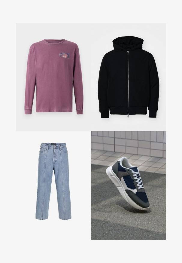 Schwarze Kapuzenjacke mit Frontreißverschluss, Kängurutasche, gerippten Bündchen und Saum, auf einem schlichten weißen Hintergrund präsentiert.; Langärmliges T-Shirt mit Rundhalsausschnitt aus verblasstem lila Baumwollstoff, mit einem bunten "Star Wars"-Logo auf der linken Brust.; Hellblaue Denim-Jeans mit lockerer Passform, weitem Bein und sichtbaren Stickdetails. Mit Knopf- und Reißverschluss, fünf Taschen.; Sneaker mit einem Obermaterial aus navyblauem Mesh, grauen Wildlederelementen, einer weißen Gummisohle und flachen weißen Schnürsenkeln, entworfen für Komfort und Atmungsaktivität.