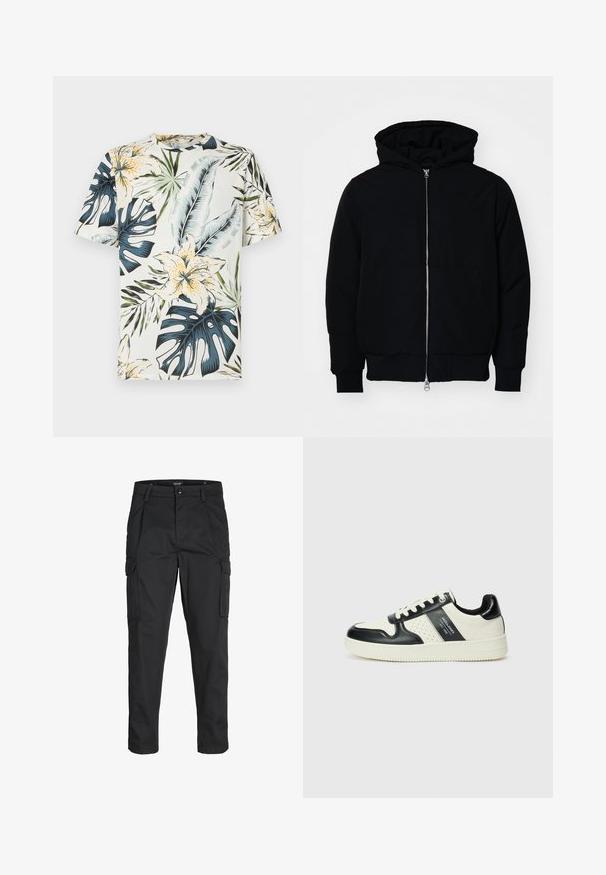 Black hooded jacket with front zipper, kangaroo pocket, ribbed cuffs, and hem, displayed on a plain white background.; Short-sleeve t-shirt in light fabric, featuring a tropical floral and leaf print in green, blue, and yellow on a cream background.; Black cargo pants made of sturdy fabric, featuring multiple pockets, a button closure, and a slim fit design with tapered legs.; Leather sneakers with a black and cream color scheme, featuring perforated accents, a padded collar, and a textured outsole.