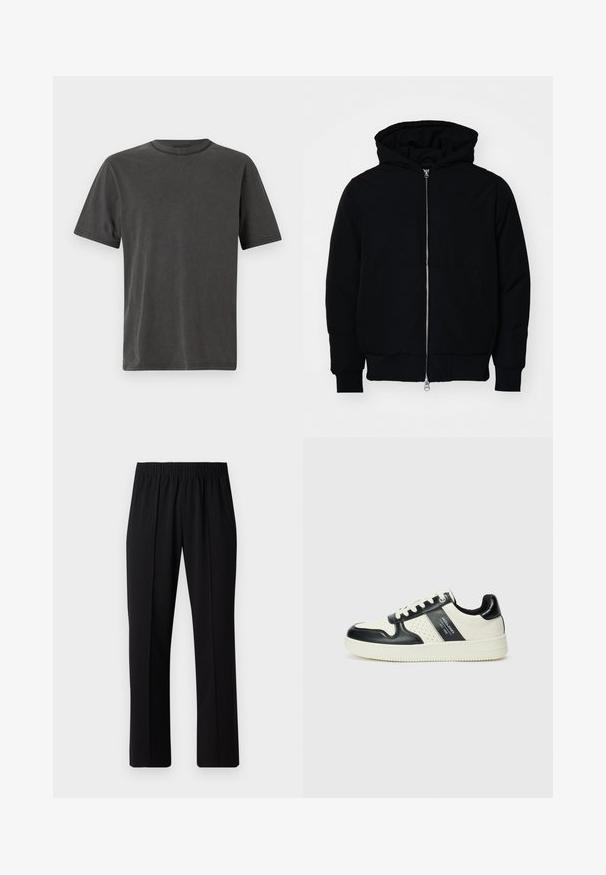 Giacca nera con cappuccio, dotata di zip frontale, tasca a marsupio, polsini e orlo a coste, esposta su uno sfondo bianco semplice.; T-shirt a maniche corte grigia scura con scollatura rotonda, realizzato in morbido tessuto di cotone, con dettagli di cucitura discreti lungo i bordi.; Pantaloni neri con vita elasticizzata e design a gamba dritta, caratterizzati da una texture liscia e senza motivi o hardware visibili.; Sneakers in pelle con una combinazione di colori nero e crema, dotati di dettagli perforati, collare imbottito e suola testurizzata.