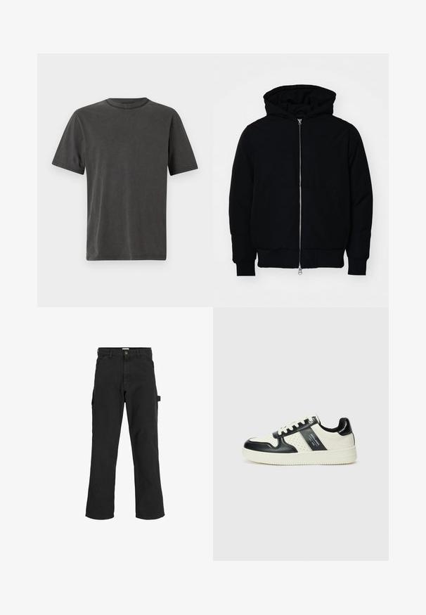 Mustaga kapuutsiga jakk, millel on esineed, kenguru tasku, soonikkoes, ja alläär, esitatud lihtsal valgel taustal.; Tumehall lühikeste varrukatega T-särk ümarate kaelustega, pehmest puuvillakangast, mille servadel on peened õmblused.; Mustad seljandavad püksid puuvilla ja sünteetilise segu kangast. Omavad laiu jalgu, ees kaldus taskuid ning külgtaskut, millel on tarvikute jaoks silmus.; Nahatud nahkkingad musta ja kreemi värviskeemiga, millel on perforeeritud aktsendid, pehme krae ja tekstureeritud tallad.