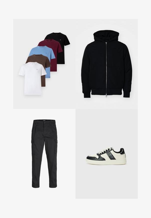 Crna kapuška jakna s prednjim zatvaračem, kenguru džepom, rebrastim manžetama i rubom, prikazana na običnoj bijeloj pozadini.; Pet majice s kratkim rukavima u bijeloj, smeđoj, plavoj, burgundijskoj i crnoj boji. Pamuk, okrugli izrezi i mali logotipi na svakoj.; Crne cargo hlače izrađene od čvrstog materijala, s brojnim džepovima, kopčanjem na gumb i dizajnom koji pomaže da se prilagode tijelu sa suženim nogavicama.; Kožne tenisice s crno-bijelom paletom boja, koje imaju perforirane akcentne detalje, podstavljeni ovratnik i teksturiranu potplat.