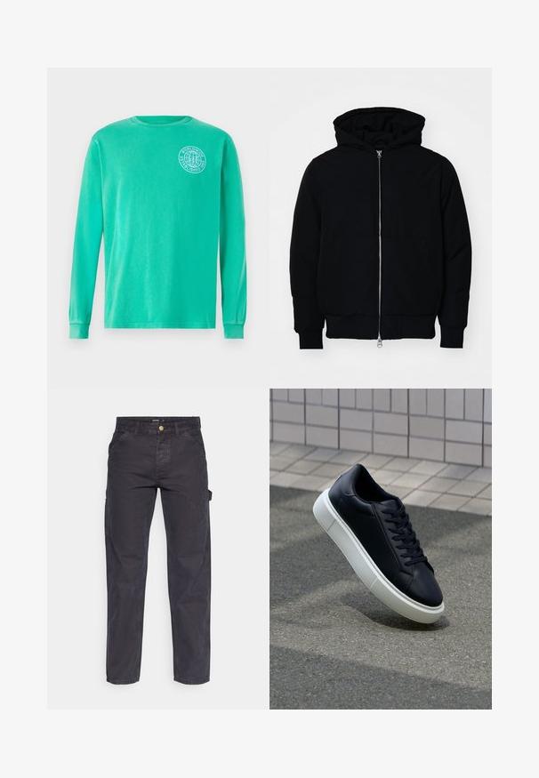Fekete kapucnis dzseki elülső cipzárral, kenguruzsebbel, bordázott mandzsettákkal és aba, egy sima fehér háttér előtt.; Hosszú ujjú póló élénk teal színű pamutból, kerek nyakkivágással és fehér kör alakú logóval a bal mellen. Sima textúra, szűkített mandzsetták.; Sötétszürke cargo nadrág tartós anyagból, egyenes szárú fazonnal, öt zsebbel és gombos derékzárral.; Fekete bőr sportcipő lekerekített orral és fehér gumitalppal. Lapos fűzőkkel és minimális varrásokkal rendelkezik a felsőrészén. Mintás talp a tapadásért.