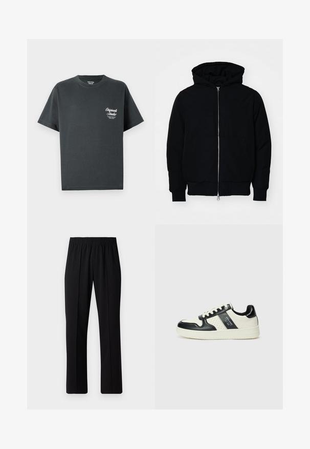 Chaqueta negra con capucha, cierre frontal, bolsillo tipo canguro, y puños y dobladillo acanalados, exhibida sobre un fondo blanco liso.; Camiseta de algodón gris oscuro con cuello redondo, mangas cortas y un logotipo en blanco en el área del pecho izquierdo. Diseño simple y sin adornos.; Pantalones negros con cintura elástica y diseño de pierna recta, con una textura suave y sin patrones o herrajes visibles.; Zapatillas de cuero con un esquema de colores negro y crema, que cuentan con acentos perforados, un collar acolchado y una suela texturizada.