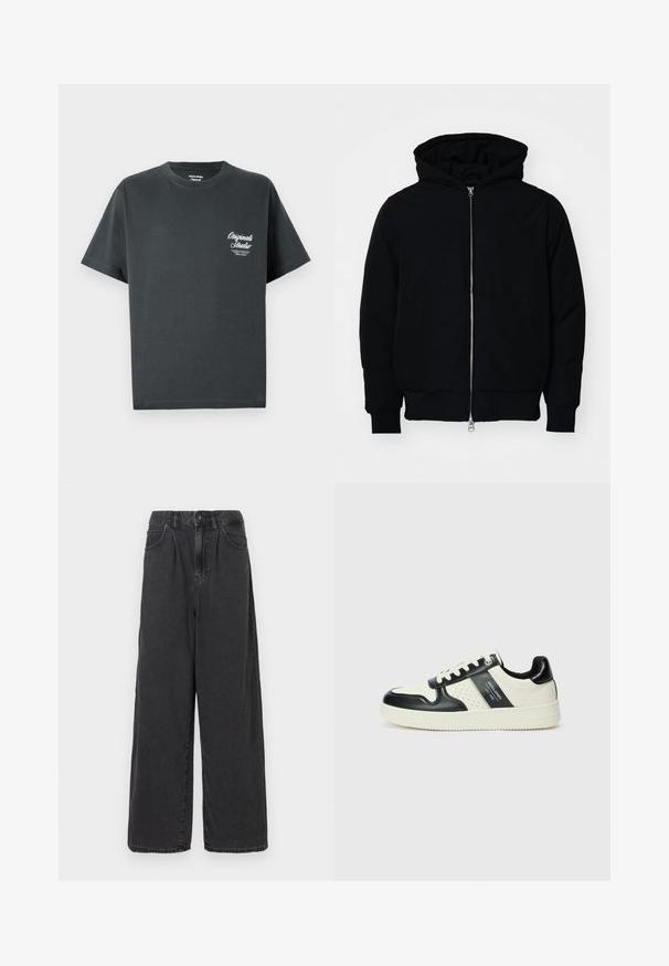 Czarna kurtka z kapturem, z suwakiem z przodu, kieszenią kangurką, ściągaczami przy mankietach i dolnym brzegu, prezentowana na jednolitym białym tle.; Czarna szara bawełniana koszulka z okrągłym dekoltem, krótkimi rękawami oraz białym logo z napisem po lewej stronie klatki piersiowej. Prosty, niezdobiony design.; Szerokie, wysokie czarne dżinsy z guzikami z przodu i zamkiem błyskawicznym, z kieszeniami po bokach i gładką teksturą.; Skórzane sneakersy w czarno-kremowym schemacie kolorystycznym, z perforowanymi akcentami, wyściełanym kołnierzem i teksturowaną podeszwą.