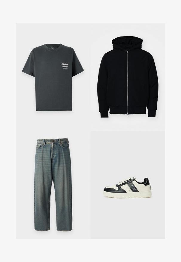 Črna kapuca jakna s sprednjim zadrgo, kenguru žepom, rebrastimi manšetami in hemom, razstavljena na enostavni beli ozadju.; Temno siva bombažna majica z okroglim izrezom, kratkimi rokavi in belim logotipom v pisavi na levem prsnem delu. Preprost, neokrasen dizajn.; Svetlomoderne kavbojke z ohlapnim krojem, srednjim pasom in ravnimi nogami. Imajo pet žepov, zanke za pas in zapiranje na gumb.; Usnjeni športni čevlji z črno in krem barvno shemo, ki vključujejo perforirane dodatke, podložen ovratnik in strukturirano podplat.