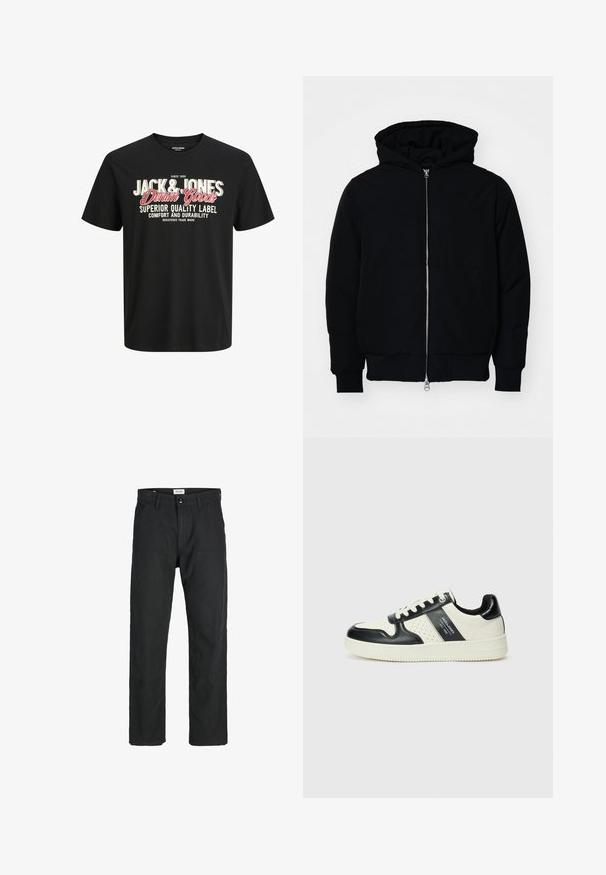 Mustat huppu-untuvatakki, jossa on vetoketju edessä, kenguru-tasku, ribatut hihansuut ja helma, esillä yksinkertaisella valkoisella taustalla.; Musta puuvillapaita, jossa on pyöreä kaula-auko. Ominaisuuksina voimakkaat valkoiset ja punaiset tekstit: "JACK & JONES Denim Goods" ja "Superior Quality Label."; Mustat housut kestävästä kankaasta, suorat lahkeet, ommeltuja yksityiskohtia ja kaksi etutaskua toiminnallisuutta varten.; Nahkakengät musta-kerma värimaailmassa, joissa on rei'itetyt yksityiskohdat, pehmustettu nilkkaosa ja teksturoitu pohja.