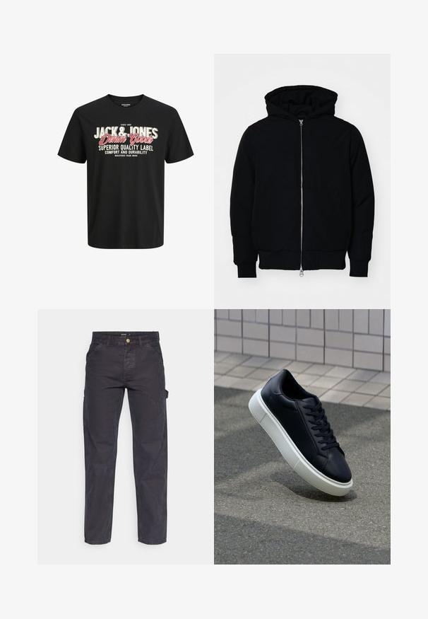 Black hooded jacket with front zipper, kangaroo pocket, ribbed cuffs, and hem, displayed on a plain white background.; Black cotton t-shirt with a crew neck. Features bold white and red lettering: "JACK & JONES Denim Goods" and "Superior Quality Label."; Dark gray cargo pants made of durable fabric, featuring a straight-leg cut, five pockets, and a button closure at the waist.; Black leather sneaker with rounded toe and white rubber sole. Features flat laces and minimal stitching on the upper. Textured sole for grip.