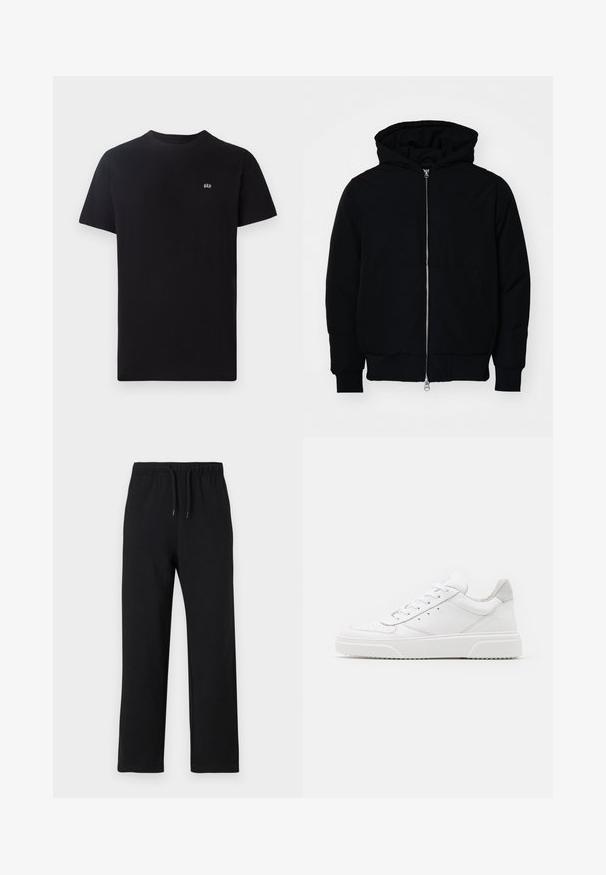 Sort hættejakke med frontlynlås, kængurulomme, ribbede manchetter og kant, præsenteret på en ensfarvet hvid baggrund.; Sort bomulds t-shirt med klassisk rund hals, korte ærmer og et lille hvidt logo broderet på venstre bryst.; Jack & Jones JPSTKANE JJCHARGE UNCUFFED - Træningsbukser - black; Hvide lædersneakers med en glat finish, rund tå, flade snørebånd og en struktureret sål. Grå ruskindsdetalje ved hælen.