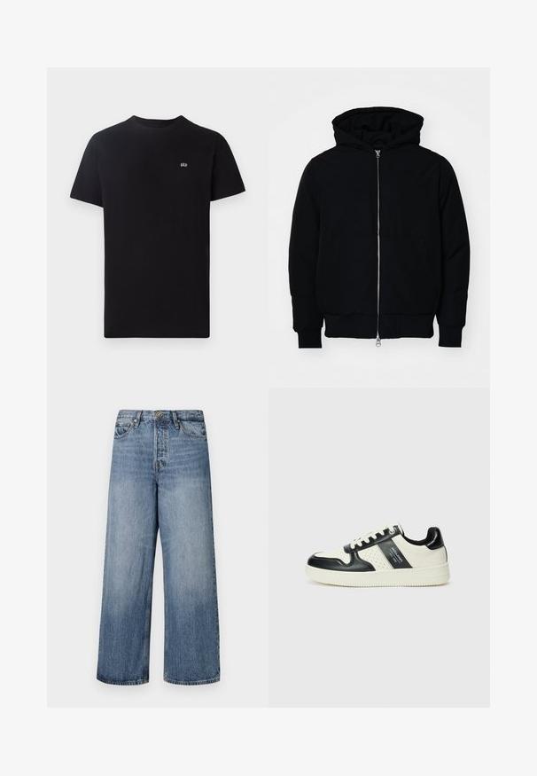 Svart huoodiejacka med framdragkedja, känguruficka, ribbade ärmslut och nederkant, uppställd mot en vit bakgrund.; Svart bomullströja med klassisk rund hals, korta ärmar och en liten vit logotyp broderad på vänster bröst.; Breda blå denimjeans med en urtvättad look, femficksdesign och knäppning med knapp. Utrustade med bälteshällor och sydda detaljer.; Läder sneakers med en svart och krämfärgad färgsättning, med perforerade detaljer, en vadderad krage och en strukturerad yttersula.