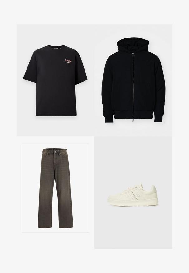Svart hettejakke med frontglidelås, kengurulomme, ribbestrikket mansjetter og søm, vist på en ensfarget hvit bakgrunn.; Svart t-skjorte i bomull med avslappet passform, kortermet, og en rød brodert logo på venstre brystområde. Jevn tekstur, rund halsdesign.; Videbukser i mørkegrå denim, med høj talje, klassisk fem-lomme design og kontrasterende syninger langs sømmene.; Kremfargede sneakers med perforerte detaljer, snøring og logo på siden, vist mot en enkel hvit bakgrunn.