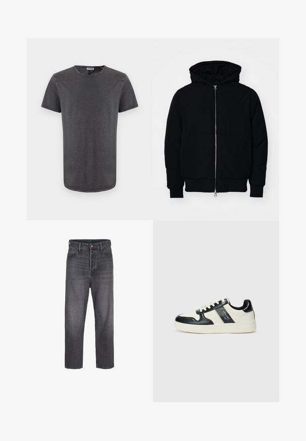 Black hooded jacket with front zipper, kangaroo pocket, ribbed cuffs, and hem, displayed on a plain white background.; Gray short-sleeve t-shirt with a round neck, made of soft fabric, featuring a slightly curved hem and visible stitching details.; Dark gray denim jeans with a straight leg design, high waist, five-pocket styling, and light fading. Metal button and zip fly closure.; Leather sneakers with a black and cream color scheme, featuring perforated accents, a padded collar, and a textured outsole.