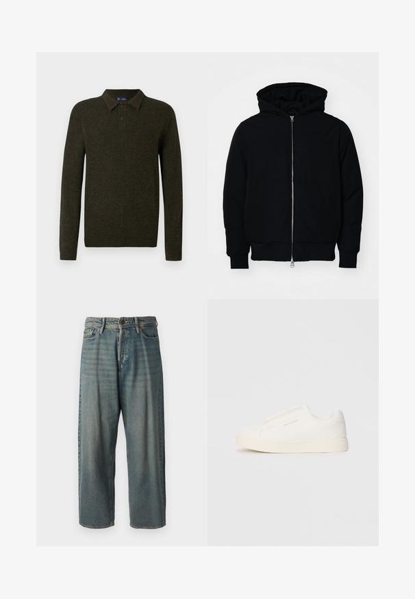 Čierna kapucňová bunda s predným zipsom, klokaními vreckami, rebrovanými manžetami a lemom, zobrazená na bielom pozadí.; Zelený dlhý rukáv polo sveter s textúrovaným povrchom, s dvoma gombíkmi a rebrovanými manžetami. Jednoduchý, klasický dizajn vhodný na neformálne nosenie.; Svetlomodré denimové nohavice so voľným strihom, stredne vysokým pásom a rovnými nohavicami. Obsahujú päť vreciek, pútka na opasok a zapínanie na gombík.; Biele slip-on tenisky s textúrovaným povrchom, hrubou podrážkou a minimalistickým dizajnom. Obsahuje logo značky na boku.
