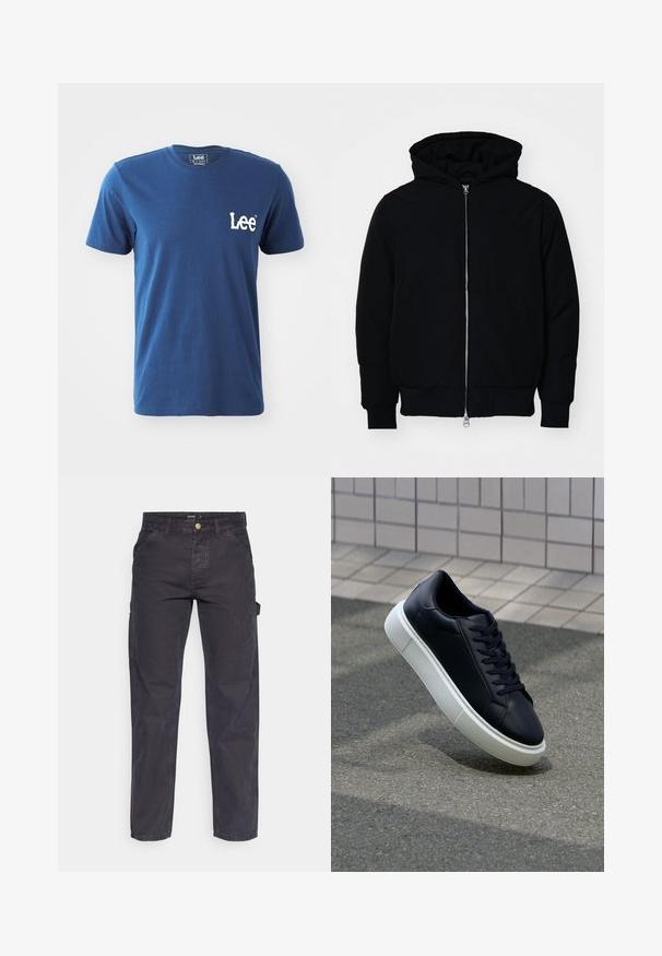 Črna kapuca jakna s sprednjim zadrgo, kenguru žepom, rebrastimi manšetami in hemom, razstavljena na enostavni beli ozadju.; Modra bombažna majica s kratkimi rokavi in okroglo oblikovano ovratnikom, ki ima na levem prsnem predelu belo vezeno oznako "Lee". Gladka tekstura.; Temno sivi cargo hlače iz trpežnega materiala, z ravnim krojem nogavic, petimi žepi in gumbom za zapiranje v pasu.; Črne usnjene superge z zaobljenim prstom in belim gumijastim podplat. Imajo ravne vezalke in minimalno šivanje na zgornjem delu. Teksturirani podplat za oprijem.