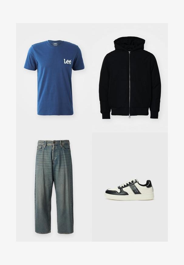 Fekete kapucnis dzseki elülső cipzárral, kenguruzsebbel, bordázott mandzsettákkal és aba, egy sima fehér háttér előtt.; Kék pamut póló rövid ujjal és kerek nyakkal, az elülső bal oldali mellrészen fehér hímzett "Lee" logóval. Sima textúra.; Világoskék farmernadrág, laza fazonnal, közepes derékbőséggel és egyenes szárral. Öt zsebet, övbucskát és gombos záródást tartalmaz.; Fekete és krém színű bőrsneaker, perforált díszítésekkel, párnázott bokapánttal és texturált talppal.