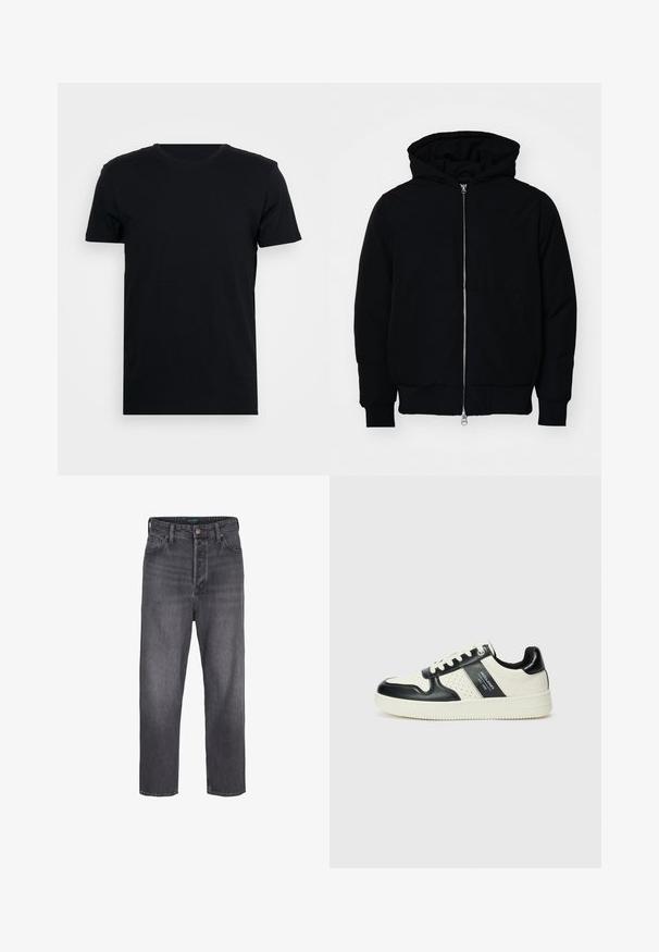 Črna kapuca jakna s sprednjim zadrgo, kenguru žepom, rebrastimi manšetami in hemom, razstavljena na enostavni beli ozadju.; Črna majica s kratkimi rokavi in krožnim izrezom, izdelana iz gladkega materiala, z enostavnim krojem in brez vidnih vzorcev ali dizajnov.; Temno sivi kavbojke z ravnimi hlačnicami, visokim pasom, petimi žepi in svetlim bledenjem. Zapiranje z kovinskim gumbom in zadrgo.; Usnjeni športni čevlji z črno in krem barvno shemo, ki vključujejo perforirane dodatke, podložen ovratnik in strukturirano podplat.