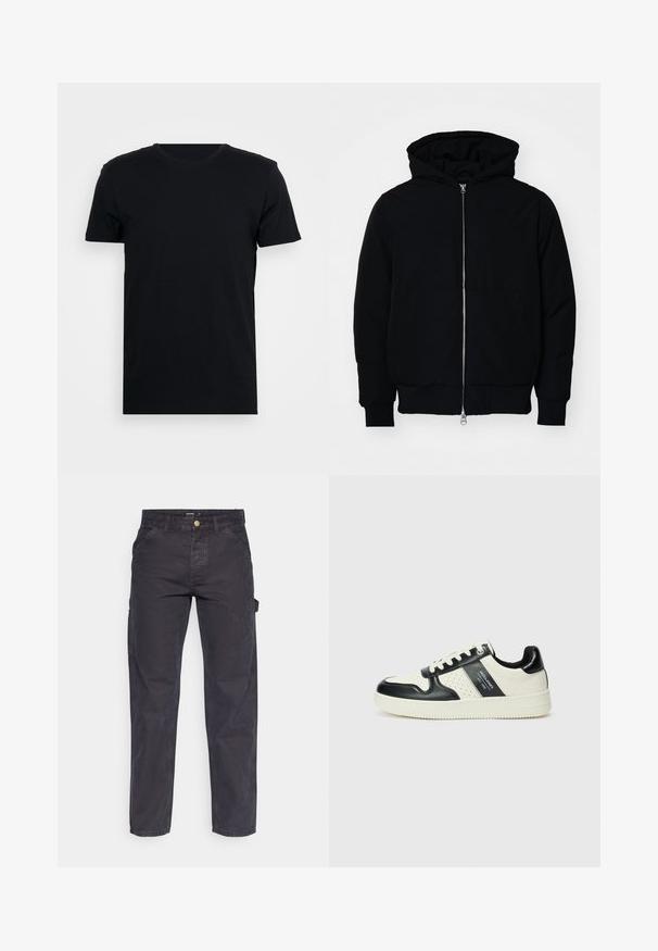 Svart huoodiejacka med framdragkedja, känguruficka, ribbade ärmslut och nederkant, uppställd mot en vit bakgrund.; Svart kortärmad t-shirt med rund hals, tillverkad av mjukt tyg, med en enkel passform och utan synliga mönster eller designer.; Mörkgrå cargobyxor i slitstark tyg, med rak benform, fem fickor och knappstängning i midjan.; Läder sneakers med en svart och krämfärgad färgsättning, med perforerade detaljer, en vadderad krage och en strukturerad yttersula.