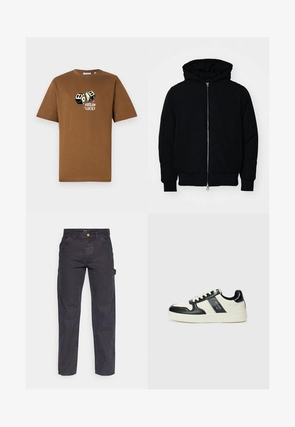 Black hooded jacket with front zipper, kangaroo pocket, ribbed cuffs, and hem, displayed on a plain white background.; Brown cotton t-shirt with a relaxed fit, featuring a graphic of two dice and the text "Feelin' Lucky" in white below them.; Dark gray cargo pants made of durable fabric, featuring a straight-leg cut, five pockets, and a button closure at the waist.; Leather sneakers with a black and cream color scheme, featuring perforated accents, a padded collar, and a textured outsole.