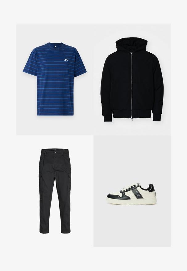 Sort hættejakke med frontlynlås, kængurulomme, ribbede manchetter og kant, præsenteret på en ensfarvet hvid baggrund.; Marineblå bomulds t-shirt med tynde vandrette blå striber. Har rund hals og lille hvid Nike SB-logo på venstre bryst.; Sorte cargo-bukser lavet af slidstærkt stof, der har flere lommer, en knaplukning og et slim fit design med smalle ben.; Lædersneakers i sort og creme farveskema, med perforerede detaljer, en polstret krave og en struktureret ydersål.