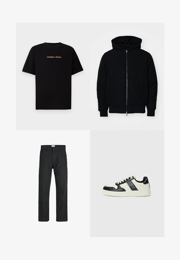 Black hooded jacket with front zipper, kangaroo pocket, ribbed cuffs, and hem, displayed on a plain white background.; Black cotton t-shirt with short sleeves featuring "atelier dept." logo in gold on the front. Classic crew neck design, relaxed fit.; Black pants made of durable fabric, featuring a straight-leg design, stitched accents, and two front pockets for functionality.; Leather sneakers with a black and cream color scheme, featuring perforated accents, a padded collar, and a textured outsole.