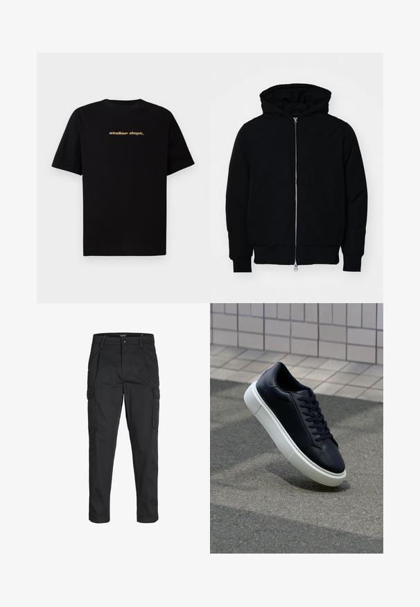 Giacca nera con cappuccio, dotata di zip frontale, tasca a marsupio, polsini e orlo a coste, esposta su uno sfondo bianco semplice.; T-shirt nera in cotone con maniche corte, caratterizzata dal logo "atelier dept." in oro sul davanti. Design classico con collo rotondo e vestibilità comoda.; Pantaloni cargo neri realizzati in un tessuto resistente, dotati di molteplici tasche, chiusura con bottone e un design aderente con gambe affusolate.; Sneaker in pelle nera con punta arrotondata e suola in gomma bianca. Presenta lacci piatti e cuciture minime sulla parte superiore. Suola testurizzata per una migliore aderenza.
