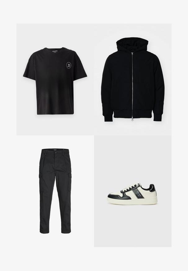Melna kapucēta jaka ar priekšējo rāvējslēdzēju, kenguru kabatu, ribinātām aprocēm un apakšmalu, parādīta uz vienkārša balta fona.; Melns īsām piedurknēm T-krekls no kokvilnas, ar apaļu baltu logo, kas satur japāņu simbolus, kreisajā krūtīs.; Melnas kravas bikses, izgatavotas no izturīga auduma, ar vairākiem kabatām, pogu aizdari un šaura piegriezuma dizainu ar sašaurinātiem kāju apakšiem.; Ādas sporta apavi ar melnbaltu krāsu shēmu, ar perforētiem akcentiem, mīkstinātu apkakli un teksturētu zoli.